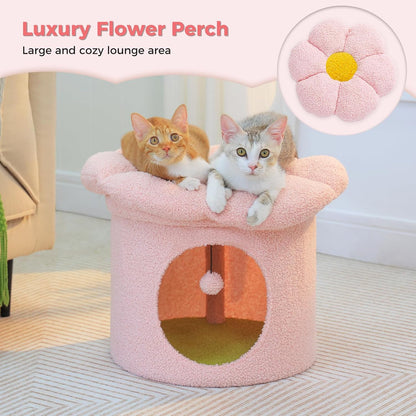 PETEPELA Cat Beds for Indoor Cats, Small Cute Cat Tree House with Removable Flower Cat Bed, Cat Hideaway, Indoor Cat House Condo, Cat Accessories, 20X20X16 Inches, Pink