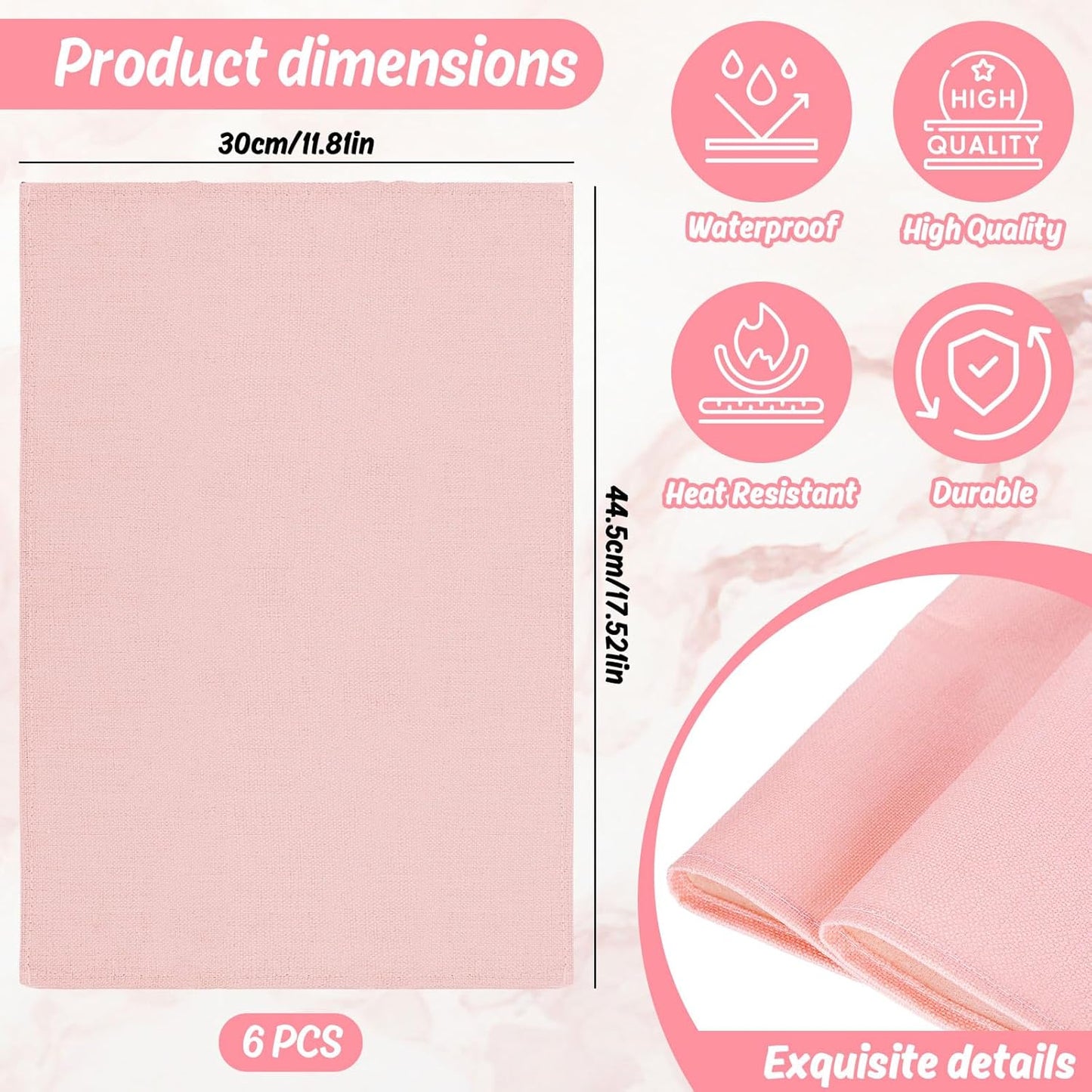 JarThenaAMCS 6Pcs Pink Placemats Heat Resistant Waterproof Linen Table Place Mats Decorative Dinner Mats for Home Kitchen Wedding Banquet Party Dining Table Decor