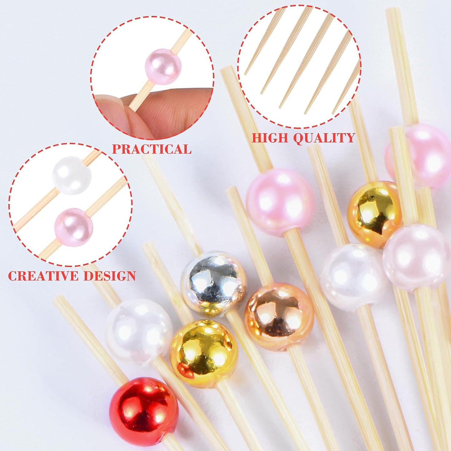 JtmyAota 100 Pcs Pearl Toothpicks for Appetizers, 4.7 Inch Pearl Cocktail Picks for Party Decoration, Appetizer Skewers for Charcuterie Sandwich Burgers Fruit Drinks Party (Pink)