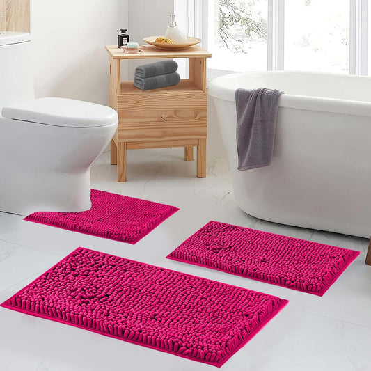 Hot Pink Chenille Striped Bath Rug Set - 20" x 32"/16" x 24" Non Slip Thick Soft Bath Mats for Bathroom, Kitchen/Living Room