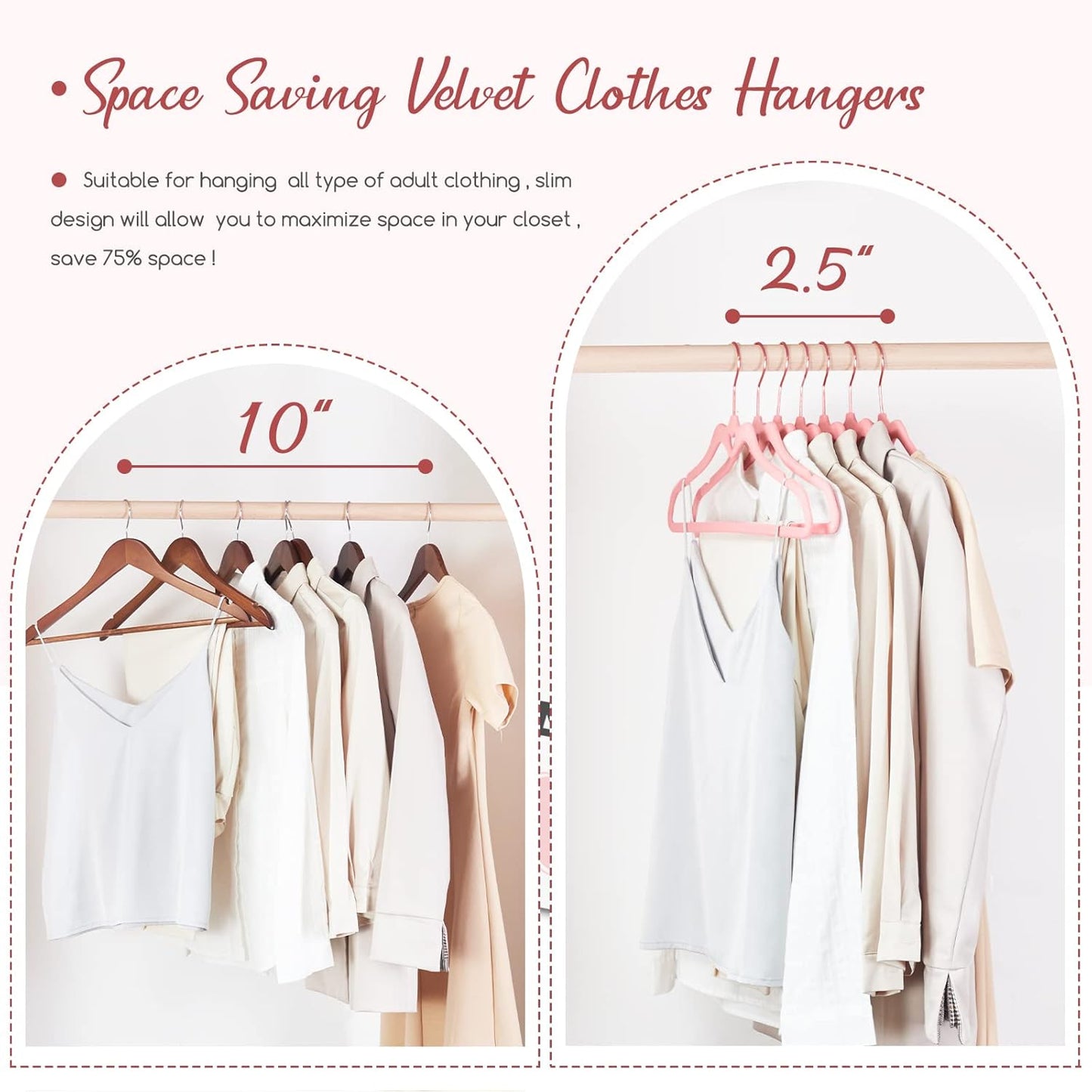 HOUSE DAY Pink Velvet Hangers 60 Pack, Non Slip Flocked Felt Hangers, Sturdy Velvet Clothes Hanger, Cute Heart Heavy Duty Coat Hanger, Ultra Slim Pink for Closet Space Saving