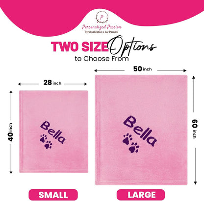 Personalized Passion Dog Blanket with Embroidered Name and Paws - Soft, Comfortable and Cozy for Couch, Bed, Car - Water Resistant Pet Fleece Blanket for Dogs and Cats - Pink - 28x40 Inches