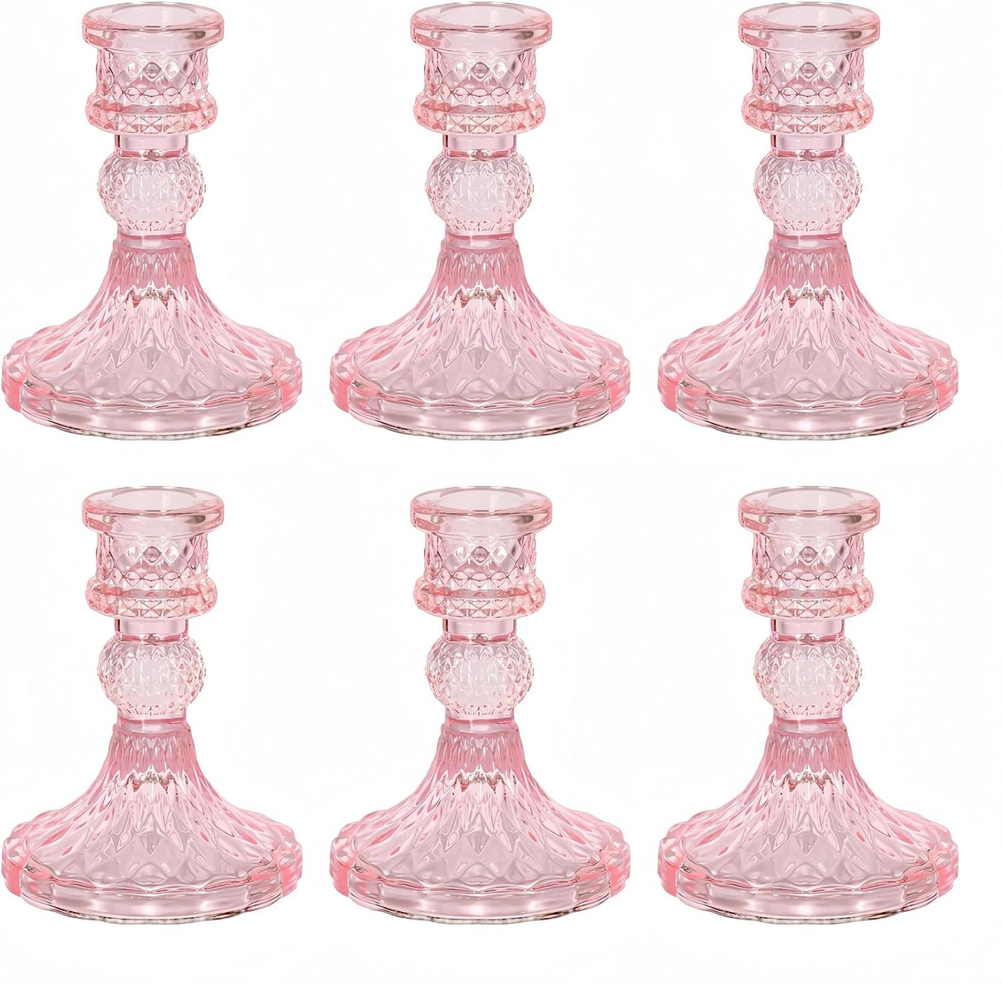 Glass Candlestick Holder,Striped Taper Candle Holders,Set of 6 Candle Stand for Table Centerpieces, Home Decor,Weddings,Festival and Parties (Pink Dimond)