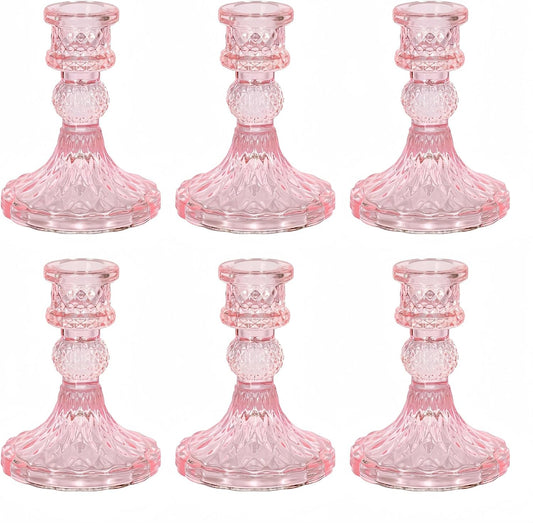 Glass Candlestick Holder,Striped Taper Candle Holders,Set of 6 Candle Stand for Table Centerpieces, Home Decor,Weddings,Festival and Parties (Pink Dimond)