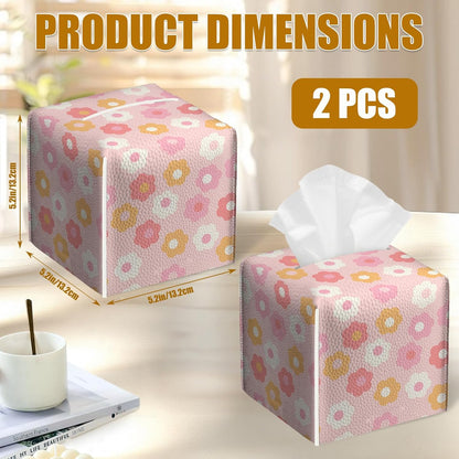 Retro Pink Flower Tissue Box Cover 2PCS, Leather Tissue Box Holder Square Facial Paper Case Tissue Box Cube Organizer for Bathroom Bedroom Desk Office