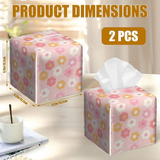 Retro Pink Flower Tissue Box Cover 2PCS, Leather Tissue Box Holder Square Facial Paper Case Tissue Box Cube Organizer for Bathroom Bedroom Desk Office