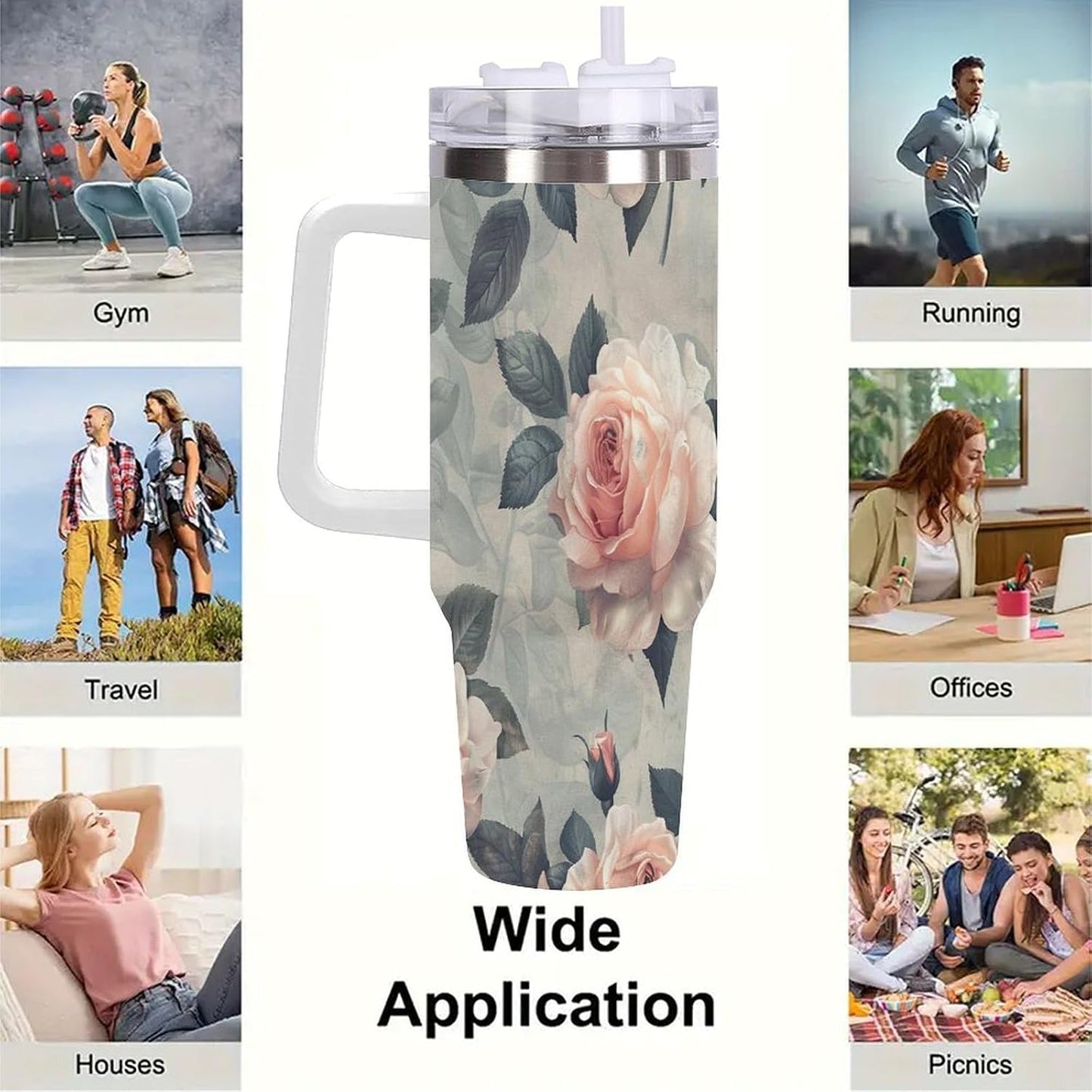 40oz Tumbler with Handle, Peach Rose Pattern With Green Leaves Printed Stainless Steel Travel Mug, Insulated Car Cup with Straw, Keeps Drinks Hot & Cold, Personalized Gift for Women & Men