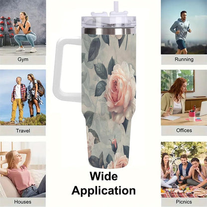 40oz Tumbler with Handle, Peach Rose Pattern With Green Leaves Printed Stainless Steel Travel Mug, Insulated Car Cup with Straw, Keeps Drinks Hot & Cold, Personalized Gift for Women & Men
