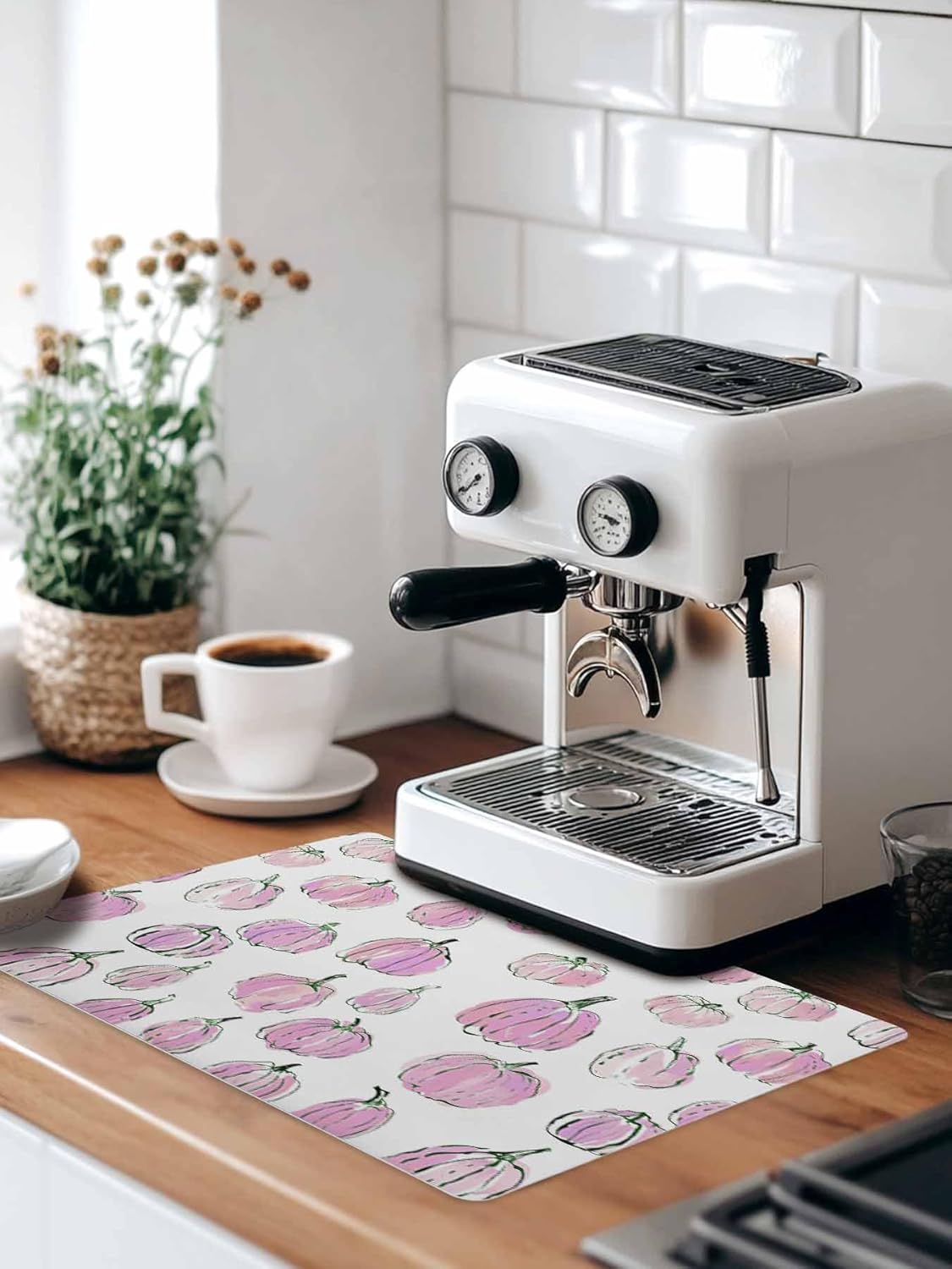 Coffee Mat for Countertops Fall Thanksgiving Light-pink Pumpkin Pattern Absorbent Dish Drying Mat for Kitchen Counter Coffee Bar Accessories Rubber Backed for Espresso Machine 18" x 24"
