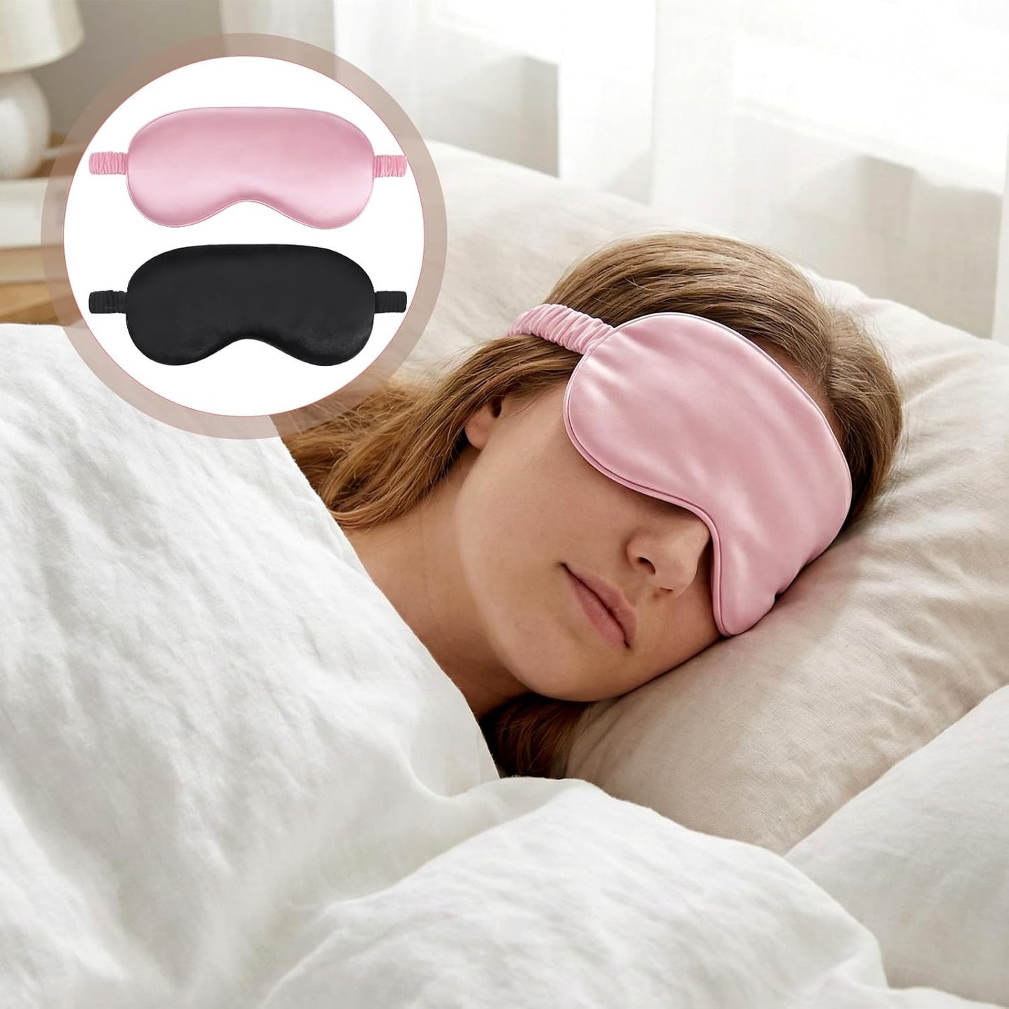 2 Pack Silk Sleep Mask Soft Blackout Eye Mask for Women Men Satin Blindfold with Elastic Strap Eye Sleep Shade Cover Travel Eyes Covers for Night Sleeping Travel Nap-Pink/Black