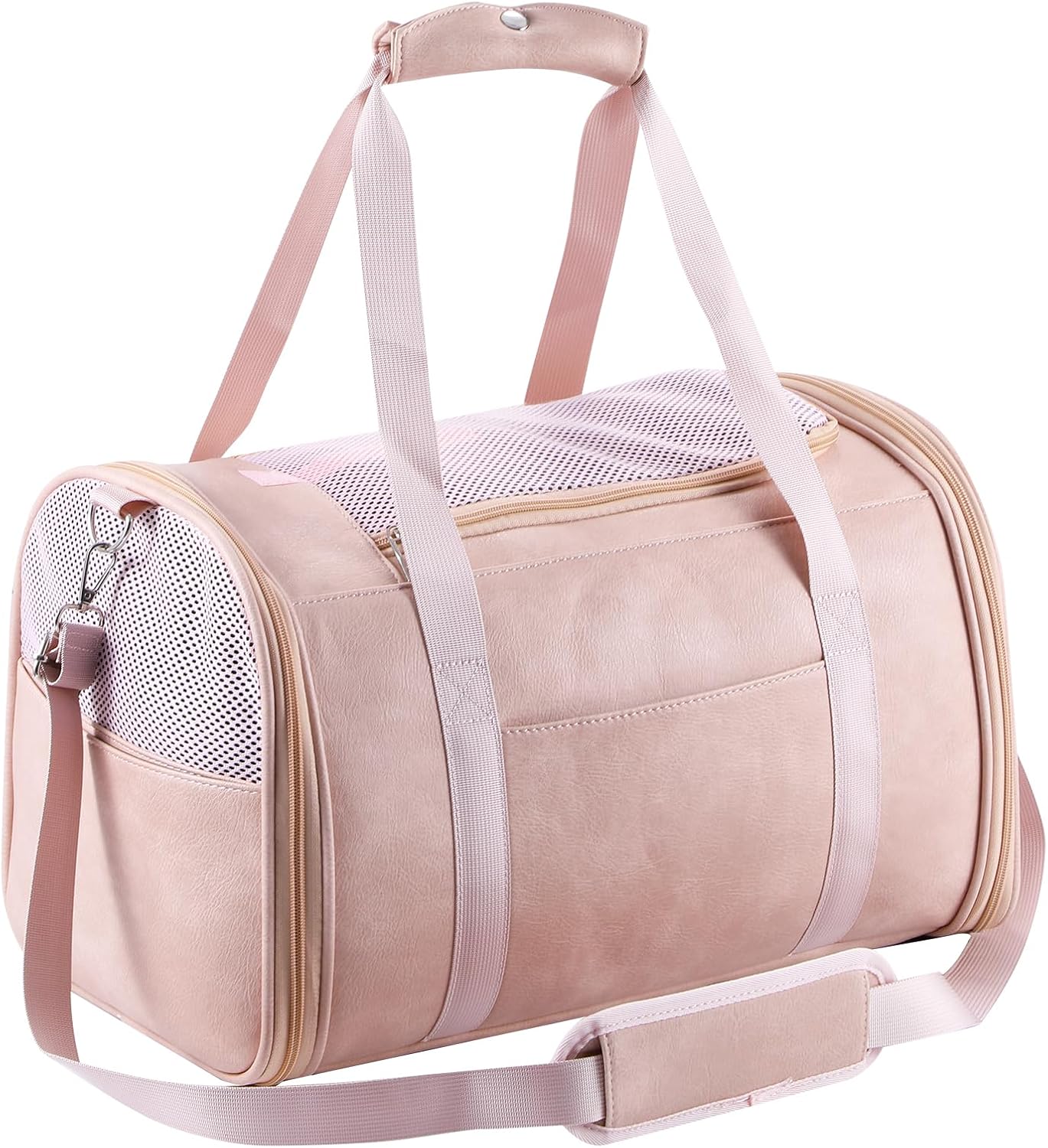 Lasaviin Fashion Leather Dog Carrier Cat Carrier Airline Approved Pet Carrier for Small Medium Dogs Cats Under 15Lbs, Collapsible Soft Sided Travel Puppy Carrier Pink