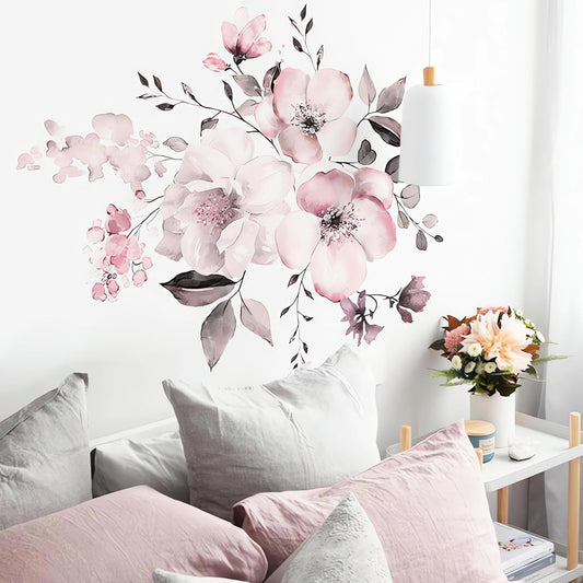 Pink Peony Rose Flower Wall Stickers, sacinora Watercolor Romantic Floral Art Wall Decals Removable Vinyl Peel and Stick for Girls Nursery Living Room Bedroom Children's Room Decorations