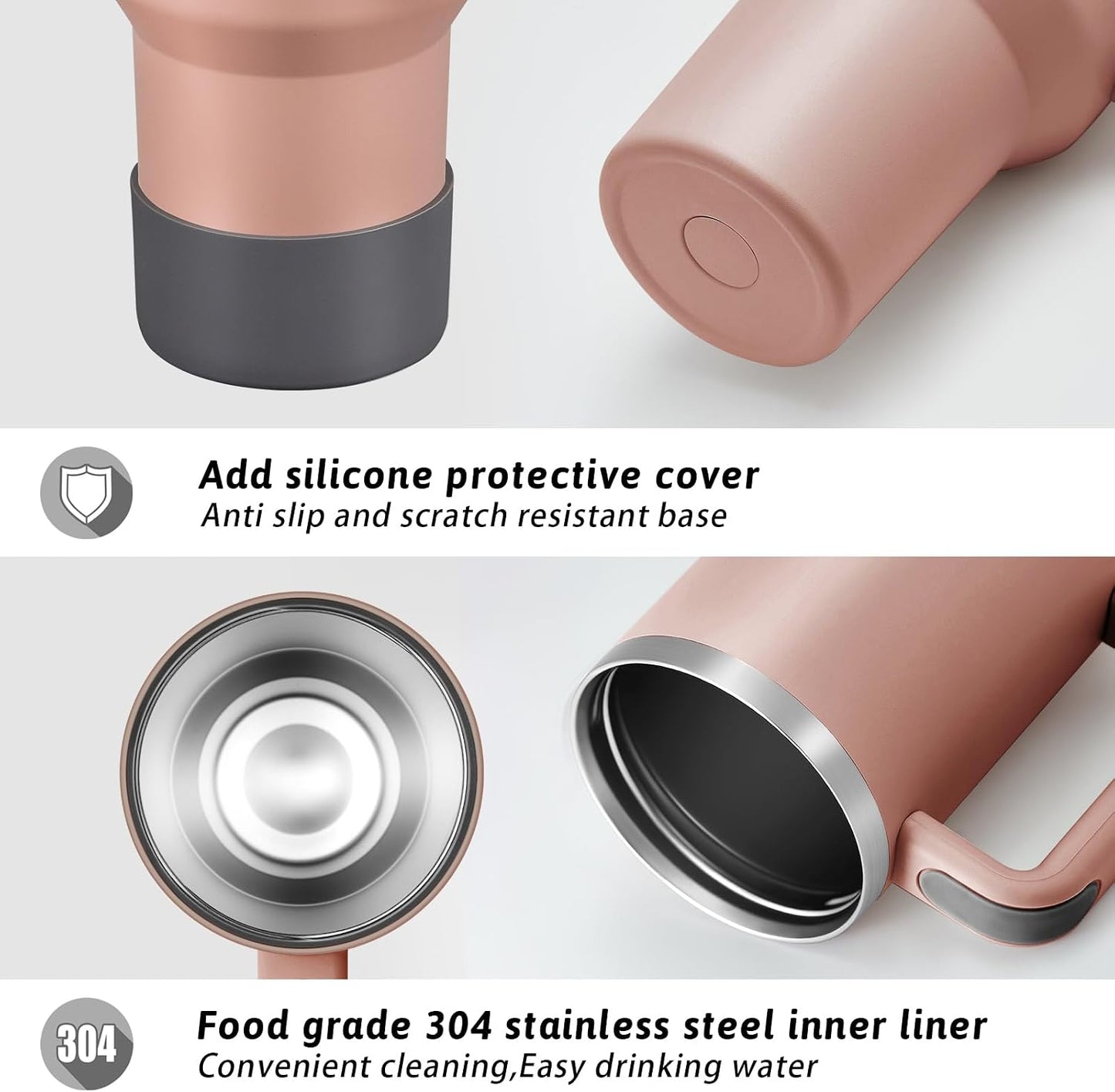 TEAMVV 40 oz Tumbler with Handle and Straw Lid,Insulated Cup Reusable 304 Stainless Steel Water Bottle Travel Mug Cupholder Friendly for Coffee,Smoothie or Water,Iced Tea(Light Pink)