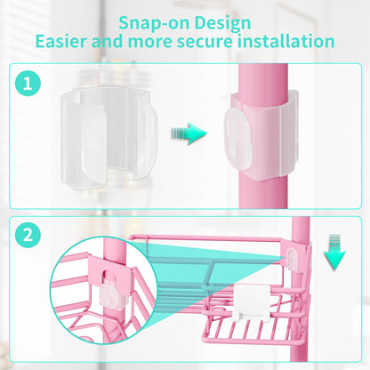 HapiRm Corner Shower Caddy Organizer - Shower Organizer Corner with Soap Holder, Toothbrush Holder and 4 Hooks, Rustproof Bathroom Shelf Tension Pole Available for 27.6 to 108.3 Inch - Pink