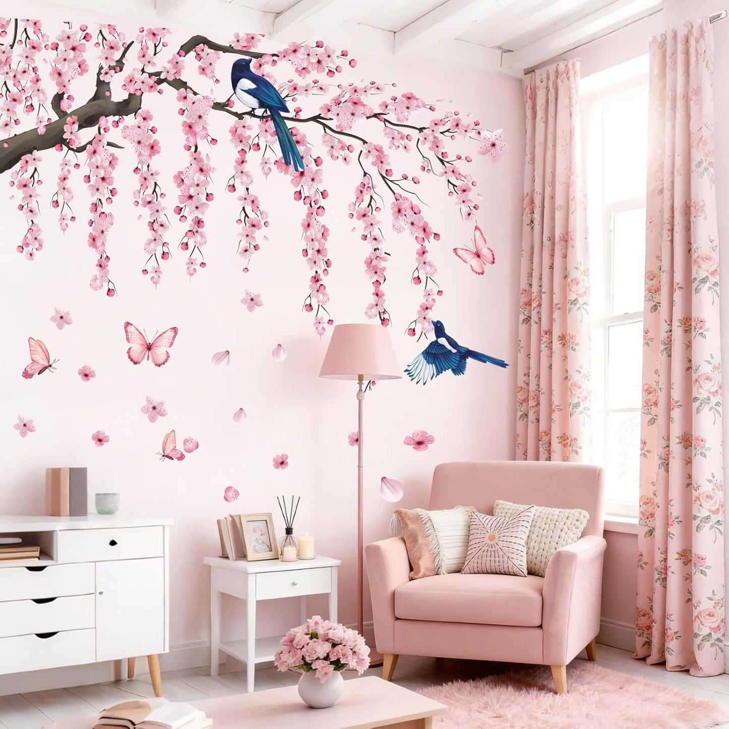 Cherry Blossom Wall Decals Stickers - Tree Floral Birds Wall Stickers Spring Pink Peel and Stick Wall Murals Decor for Living Room Bedroom