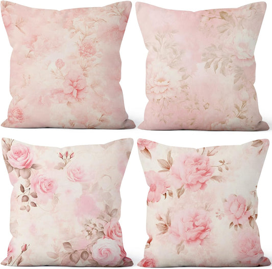 Pink Flower Throw Pillow Covers 20''x20'' Set of 4, Decorative Floral Cushion Covers Vintage Printed Botanical Pillowcases for Couch Sofa Bedroom Farmhouse Livingroom Garden Patio Car