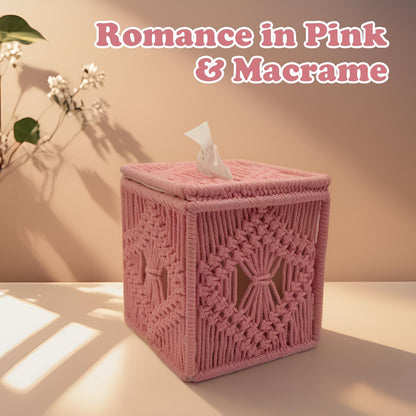 Handwoven Macrame Tissue Box Cover Boho Square Cute, Decorative Holder for Bathroom, Bedroom, Office with Flip-Top Lid & Closed-Bottom Design, 5.5"x5.5"x6" (Pink)