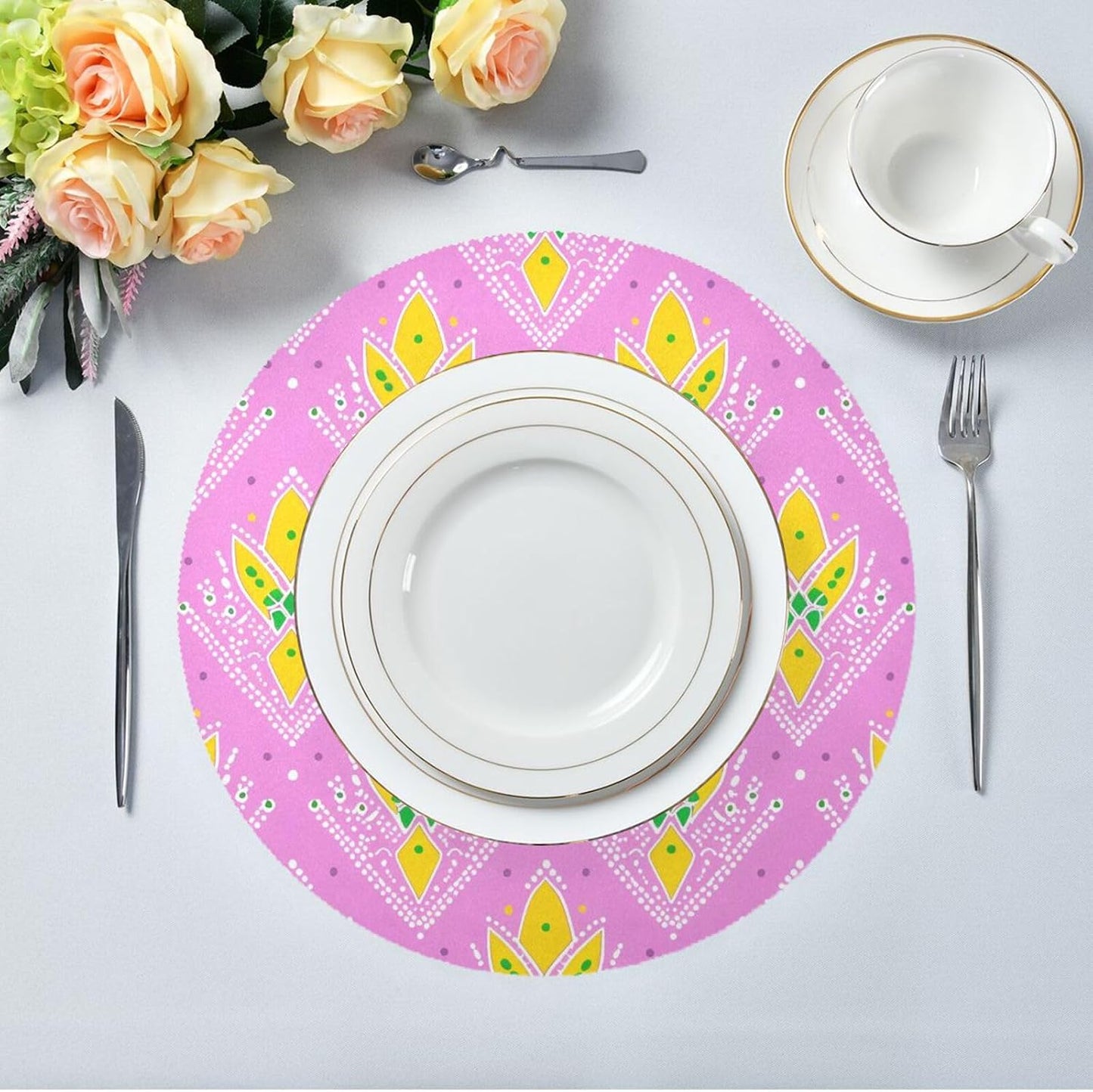 Yellow Peach Pattern rattan round placemats reusable chalkboard placemats pvc individuales para mesa de comedor elegantes 15.4x15.4in set of 6