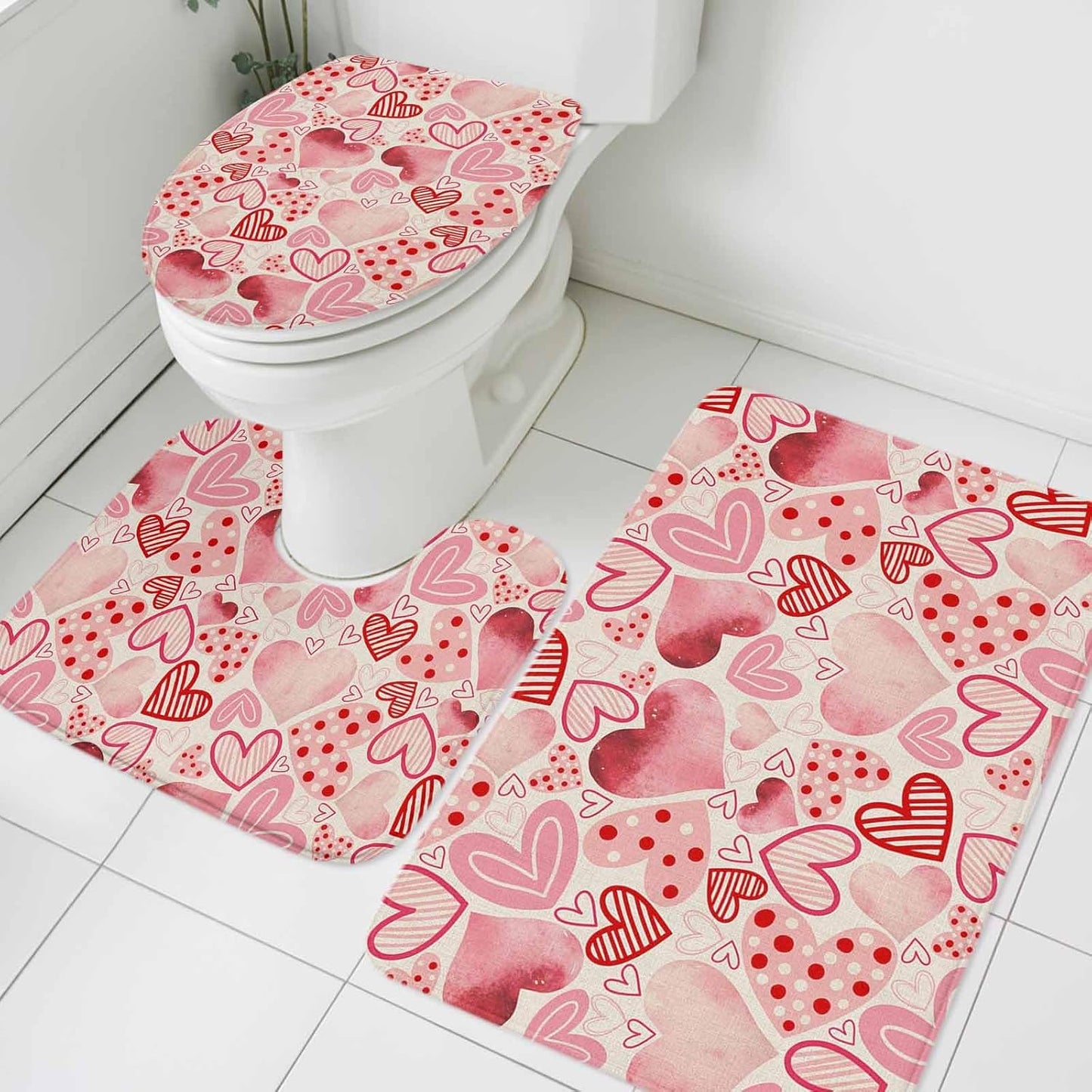 Valentine's Day Bathroom Rug Sets 3 Piece, Non Slip Bath Mat, Romantic Light Pink Loves Polka Dot Absorbent Floor Mats Bath Rugs with U-Shaped Contour Rug Toilet Lid Cover Bathroom Decor Large