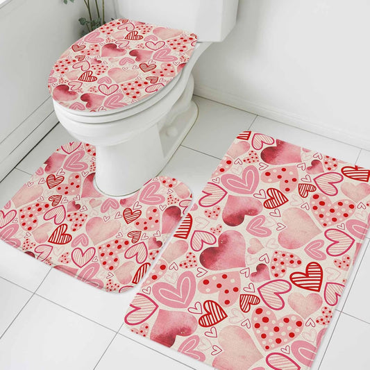 Valentine's Day Bathroom Rug Sets 3 Piece, Non Slip Bath Mat, Romantic Light Pink Loves Polka Dot Absorbent Floor Mats Bath Rugs with U-Shaped Contour Rug Toilet Lid Cover Bathroom Decor Large