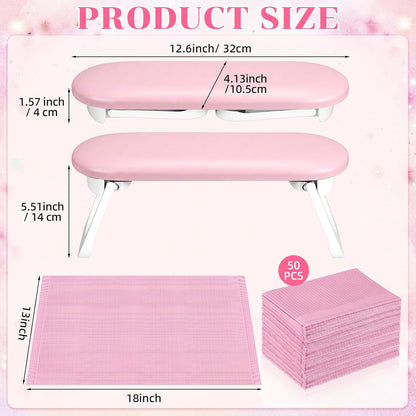 Novabright Nail Arm Rest with 50 Disposable Manicure Mats, Foldable PU Leather Hand Cushion and 3-Ply Absorbent Table Pads with PE Backing, Nail Tech Supplies for Salon Desk(Pink)