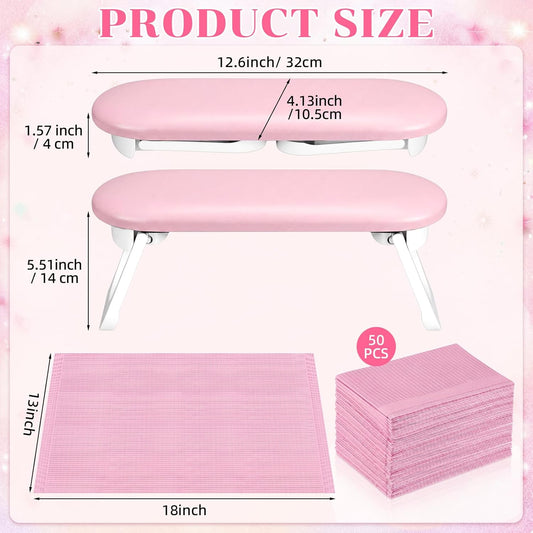 Novabright Nail Arm Rest with 50 Disposable Manicure Mats, Foldable PU Leather Hand Cushion and 3-Ply Absorbent Table Pads with PE Backing, Nail Tech Supplies for Salon Desk(Pink)