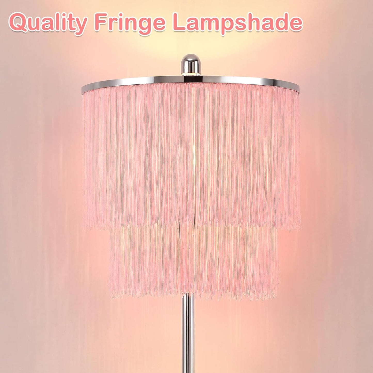 Lovlast Modern Floor Lamp with Pink Tassel Lampshade for Girls Room, 63" Tall Fringe Standing Bedroom Lamp with Soft Lighting, Boho Stand Up Corner Pink Lamp for Living Room（Bulb Included）