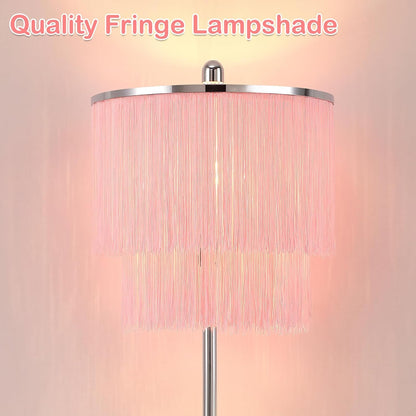 Lovlast Modern Floor Lamp with Pink Tassel Lampshade for Girls Room, 63" Tall Fringe Standing Bedroom Lamp with Soft Lighting, Boho Stand Up Corner Pink Lamp for Living Room（Bulb Included）