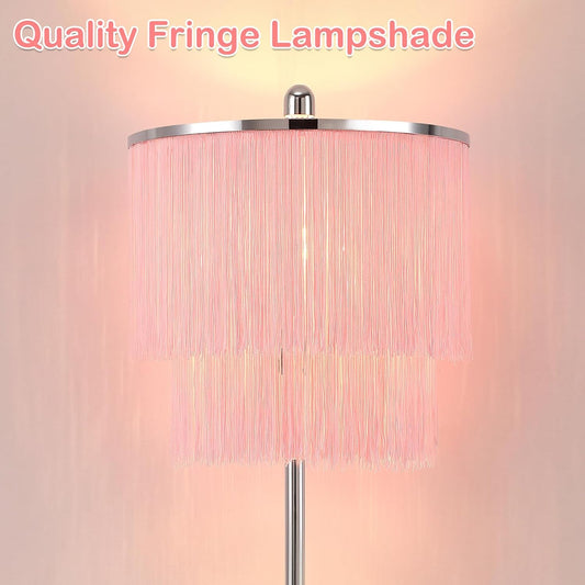 Lovlast Modern Floor Lamp with Pink Tassel Lampshade for Girls Room, 63" Tall Fringe Standing Bedroom Lamp with Soft Lighting, Boho Stand Up Corner Pink Lamp for Living Room（Bulb Included）