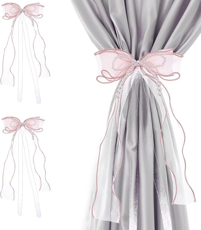 Pink Bow Curtain Tiebacks, 2 Pcs Elegant Pink Bow Butterfly Curtain Tiebacks with Pearls Sweet Bowknot Holdbacks for Stylish Home Bedroom Offices Dining Rooms Wedding Party Decoration