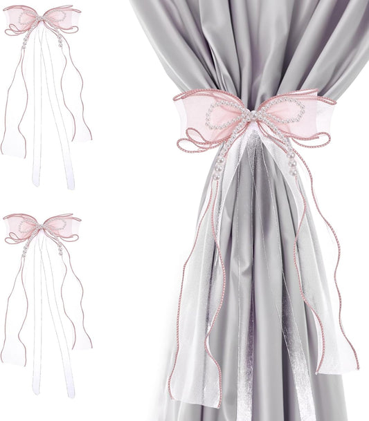Pink Bow Curtain Tiebacks, 2 Pcs Elegant Pink Bow Butterfly Curtain Tiebacks with Pearls Sweet Bowknot Holdbacks for Stylish Home Bedroom Offices Dining Rooms Wedding Party Decoration