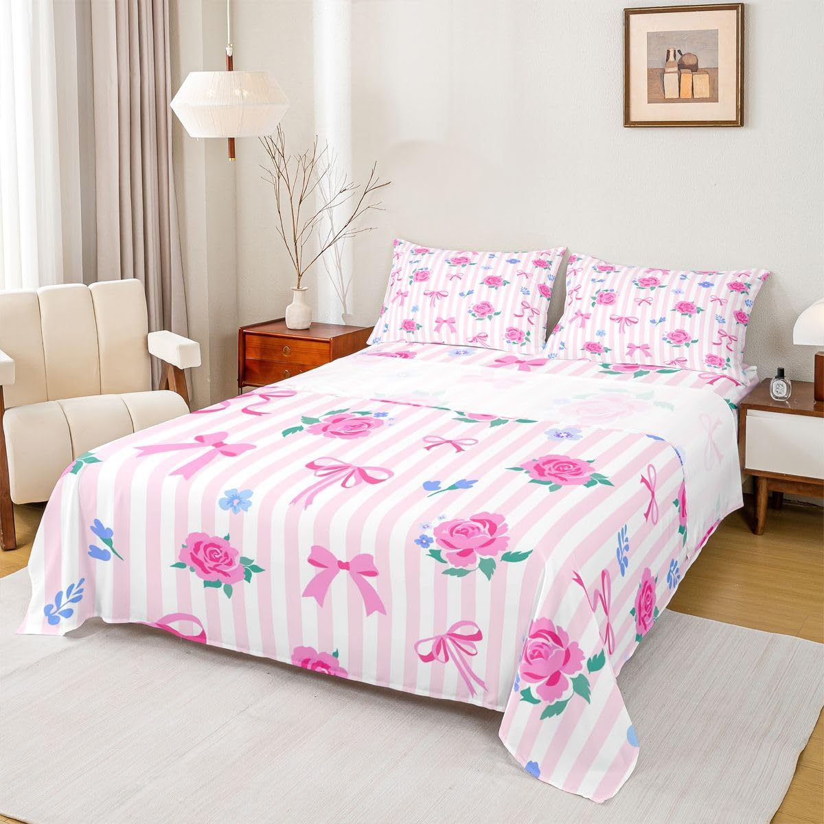 Feelyou Cute Bow Bed Sheets Set Queen Size Romantic Rose Flower Deep Pocket Fitted Sheet Bow Tie Striped Bedding Sets Soft Bed Set 4Pcs with 2 Pillow Cases