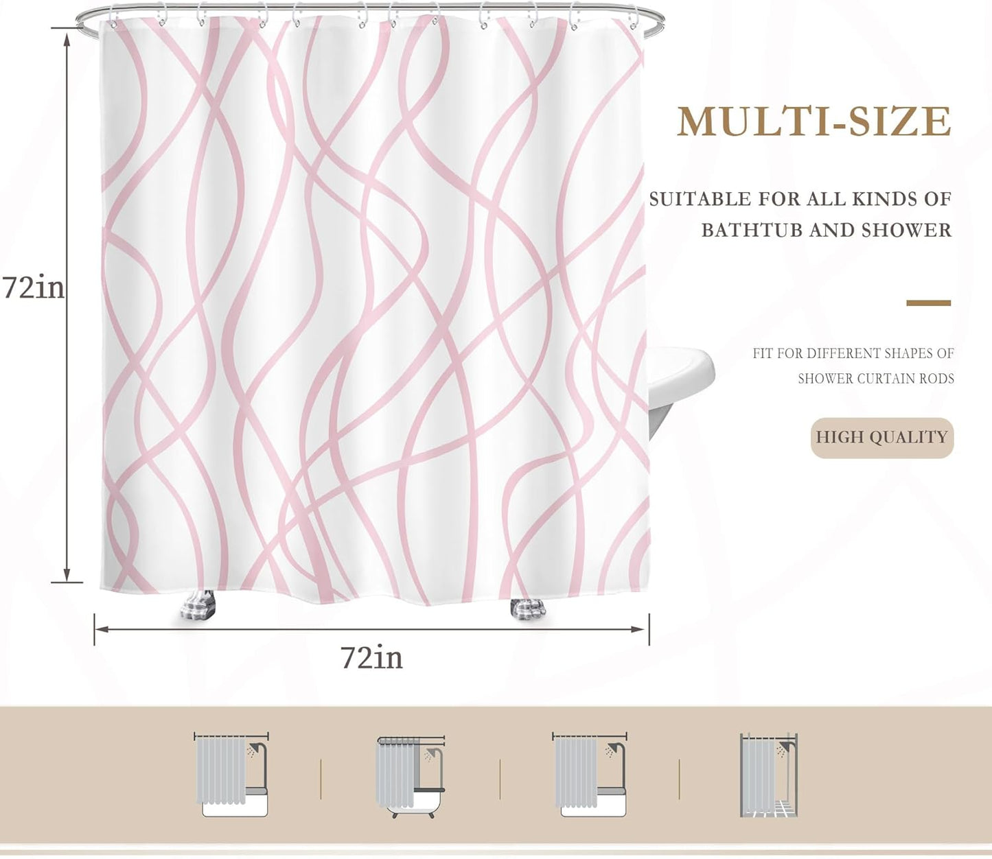 Glawry Pink Striped Shower Curtain 72Wx72L Inches, Abstract Pink and White Shower Curtains for Bathroom, Modern Minimalist Simple Aesthetic Girly Bathroom Curtains Waterproof Fabric 12 Hooks