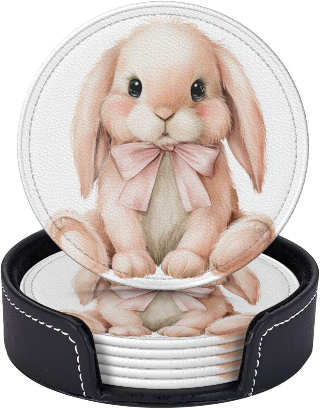 Watercolor Animal Light Pink Bunny Wearing Bow Premium Leather Coasters, Set of 6 with Holder, Stylish Beverage Coasters for Kitchen Coffee Bar