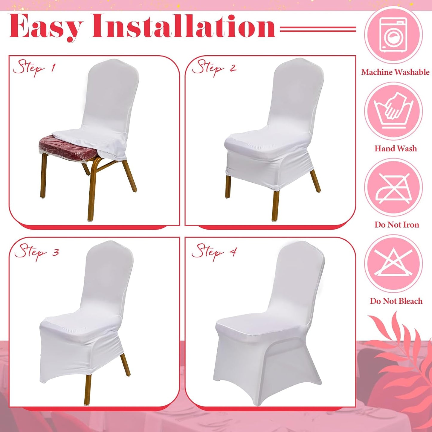 Oudain 12 Pcs Pink White Folding Chair Covers Universal Spandex Slipcovers Washable Removable Stretch Chair Protector Covers for Wedding Birthday Party Decoration