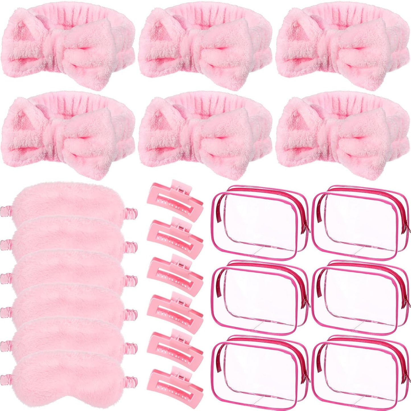 Hoteam 24 Pcs Spa Party Favors Supplies 6 Spa Headband 6 Plush Sleep Eye Mask 6 Hair Claw Clips 6 Clear Cosmetic Bags for Adult Sleepover Slumber Party Graduation Gift(Pink)