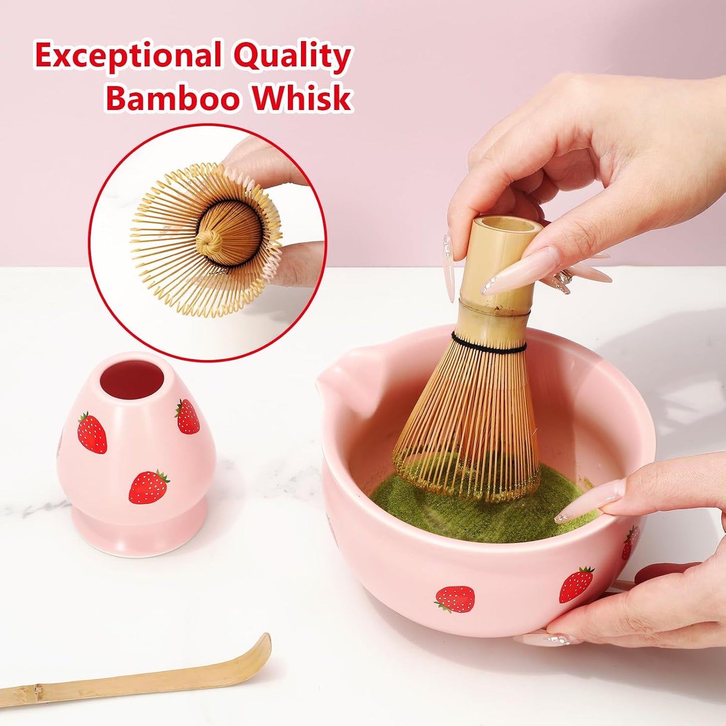 FYSUIMU 5 Pcs Strawberry Ceramic Matcha Bowl Set Pink Ceramic Bowl with Spout and Bamboo Whisk Scoop Sifter Stand Kit for Tea Lovers Tea Ceremony Supplies