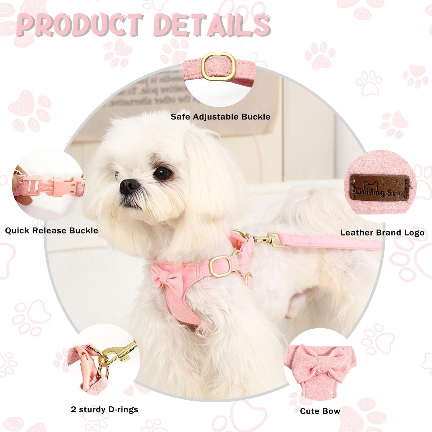 Guiding Star Dog Harness Small Sized Dog with Multifunction Leash, No Pull Puppy Dog Harness and Leash Set Training, Cute Soft Adjustable Dog Walking Harness Pet Vest Harness (Pink-XXS)