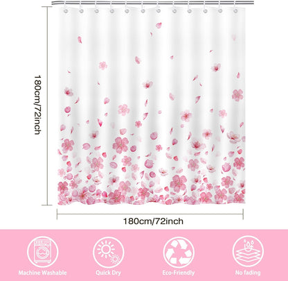 Mocsicka Pink Floral Shower Curtain Pink Petal Spring Cherry Blossom Bathroom Shower Curtain Flower Waterproof Fabric Shower Curtains Bathtub Decor with 12 Hooks 72 X 72 Inch (Pink)