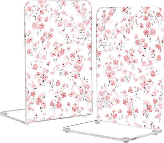 Light Pink Small Floral 3 Bookends Book Ends for Shelves Heavy Books Stopper Decorative Acrylic Non-Slip 1 Pair