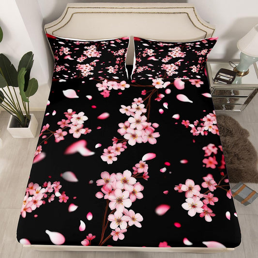 Pink Cherry Blossom Fitted Sheet Queen Size 3 Pcs,Natural Peach Blossom Decor Bedding Set for Kids Girls Women,Wild Flowers Japanese Style Bed Sheet with 2 Pillowcases(No Top Sheet)
