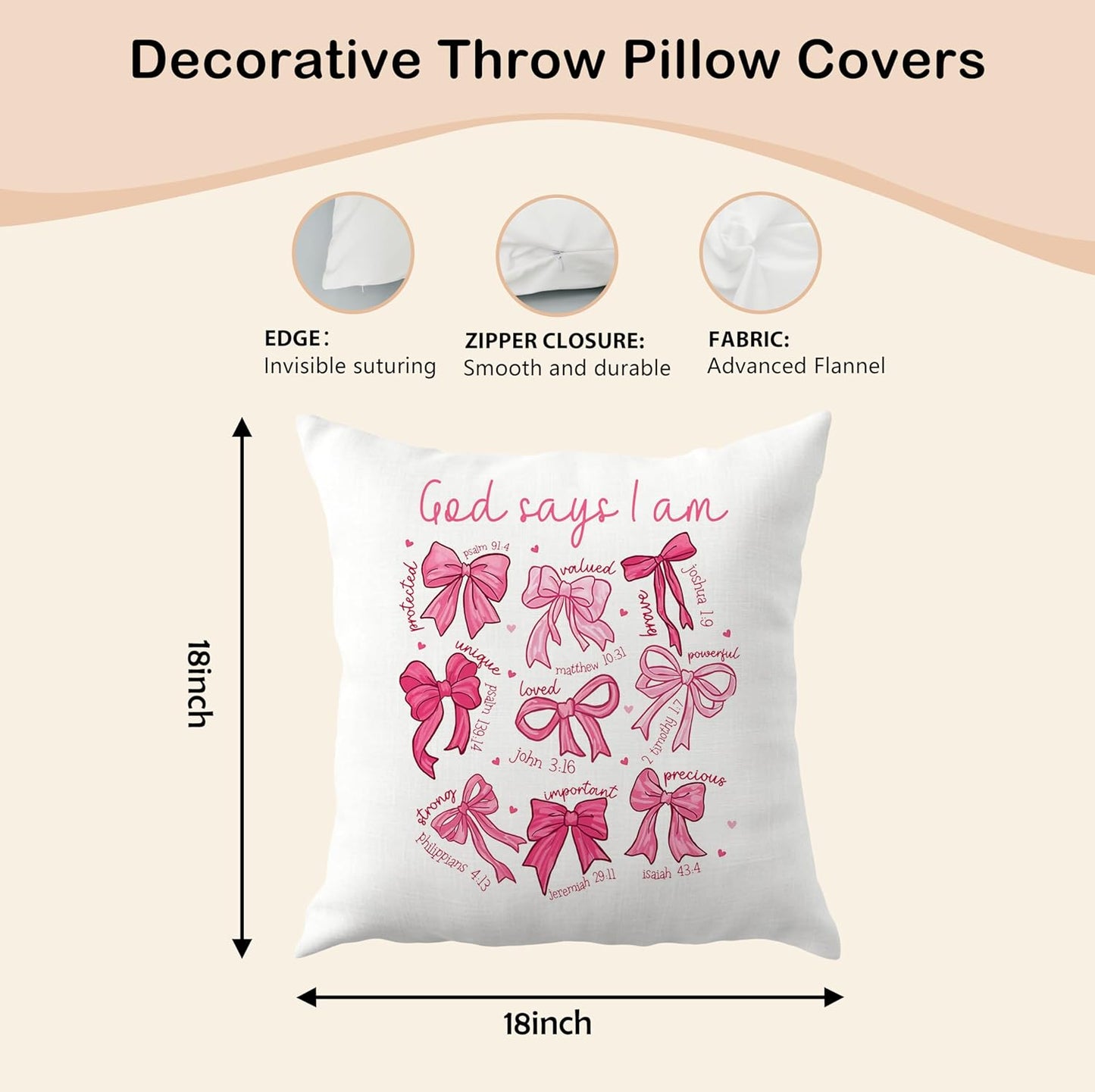Coquette Pink Bow Christian Pillow Covers 18x18, Coquette Room Decor, God Says I Am Bow Bible Verse Religious Decorative Throw Pillow Covers for Girls Bedroom Dorm Living Room Home