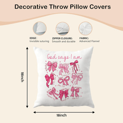 Coquette Pink Bow Christian Pillow Covers 18x18, Coquette Room Decor, God Says I Am Bow Bible Verse Religious Decorative Throw Pillow Covers for Girls Bedroom Dorm Living Room Home