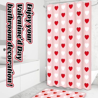 JarThenaAMCS 4Pcs Valentine's Day Bathroom Set Pink Red White Heart Non-Slip Bath Mat U-Shaped Toilet Rug Toilet Lid Cover Shower Curtain with Hooks for Home Hotel Accessories Decoration