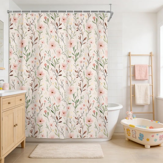 NYMB Pink Shower Curtain, Light Pink Floral with Leaves Shower Curtains for Boho Farmhouse Countryside Cottagecore Bathroom Decor, Waterproof Polyester Fabric Bath Curtain with Hooks, 72 W X 72 H Inch