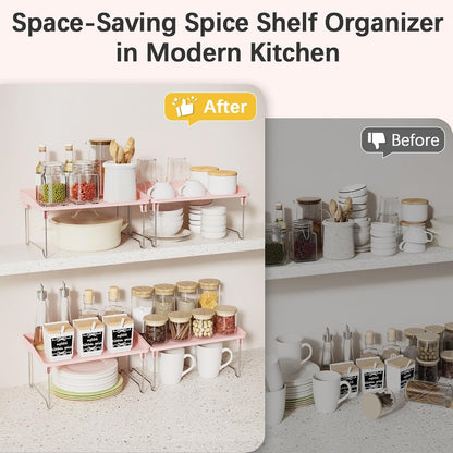 STARLATTA 2 Pcs Cabinet Organizer Shelf，Stackable Kitchen Counter Shelves, Spice Rack,Countertop Organizers，Pink Plastic Storage Shelves Rack for Makeup，Bathroom, Cupboard，Desk，Pantry Organization