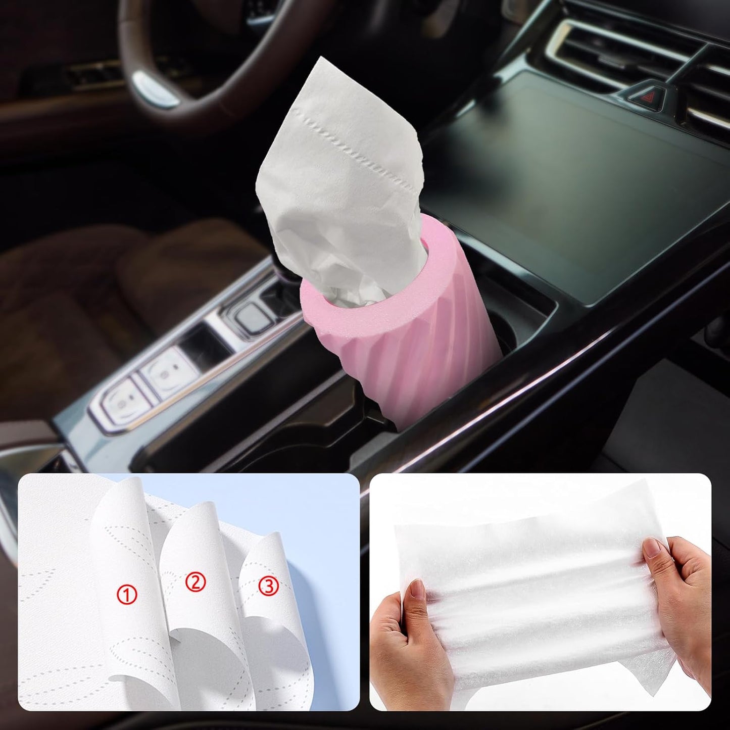 Car Cup Holder Tissue with 3 Pack Facial Tissues, Car Tissues Cylinder, Refillable Round Travel Tissue Tube for Vehicle, Office, Home Use (Pink)