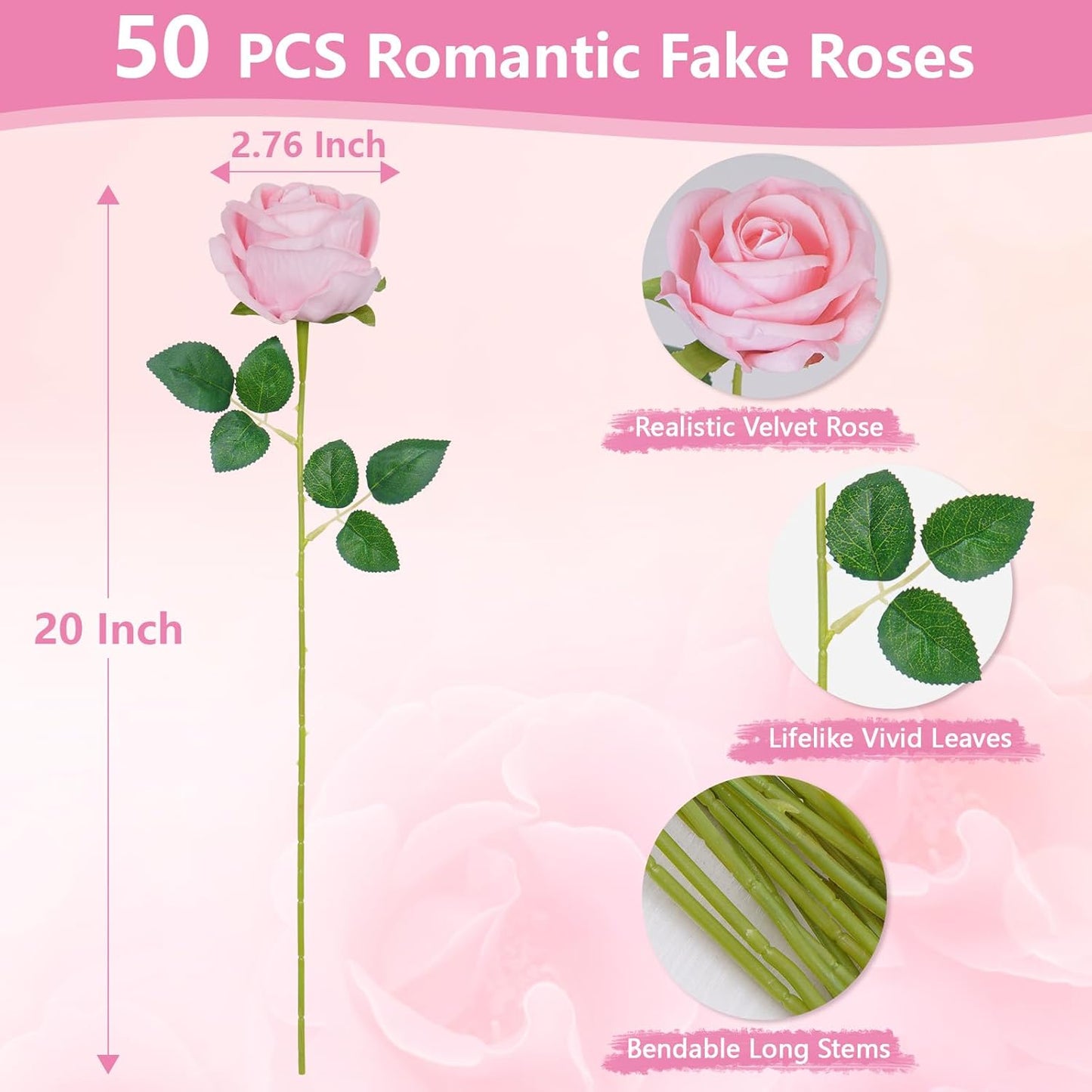 50 Pcs Pink Roses Artificial Flowers, Real Touch Velvet Roses Bouquet Fake Flowers Bulk, Artificial Roses with Long Stems for Birthday Gift Women Mom DIY Bridal Wedding Centerpiece Decorations