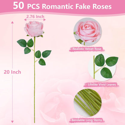 50 Pcs Pink Roses Artificial Flowers, Real Touch Velvet Roses Bouquet Fake Flowers Bulk, Artificial Roses with Long Stems for Birthday Gift Women Mom DIY Bridal Wedding Centerpiece Decorations