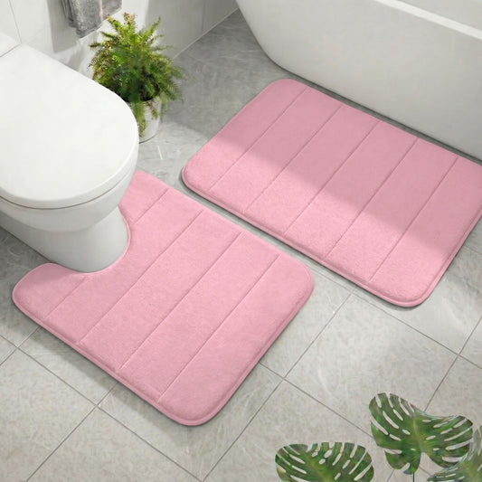 2 Piece Memory Foam Bath Mat Set, Extra Soft Absorbent Bathroom Rugs with U-Shaped Toilet Rug, Non-Slip Backing, Machine Washable, 24x16 + 20x20 U-Shaped, Pink
